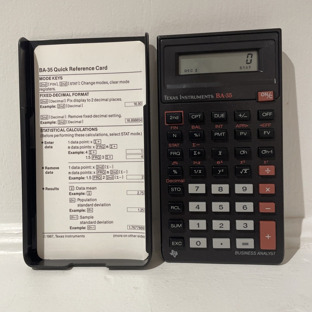 Vintage Texas Instruments BA-35 Business Analyst Calculator 1990 W Lid Works